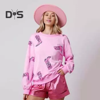 Женский топ с пайетками, узором из сапог с длинными рукавами, эластичными манжетами, свободным круглым вырезом, толстовка средней длины, повседневная одежда на День святого Валентина S хаки