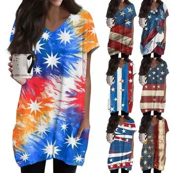 Женский топ с принтом флага Дня независимости, V-образным вырезом, карманом средней длины и коротким рукавом M синий