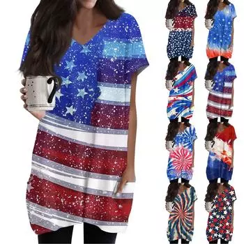Женский топ с принтом флага Дня независимости, V-образным вырезом, карманом средней длины и коротким рукавом XXL тёмно-синий