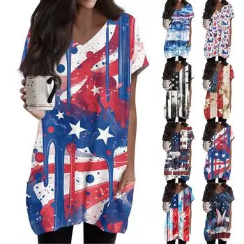 Женский топ с принтом флага Дня независимости, V-образным вырезом, карманом средней длины и коротким рукавом XXL синий