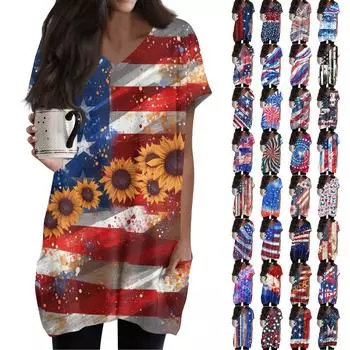 Женский топ с принтом флага Дня независимости, V-образным вырезом, карманом средней длины и коротким рукавом L синий