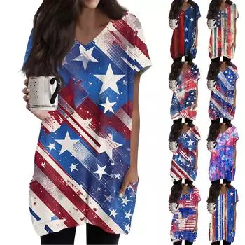 Женский топ с принтом флага Дня независимости, V-образным вырезом, карманом средней длины и коротким рукавом L синий