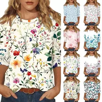 Женский топ с принтом и круглым вырезом, рукавом 3/4 XXL