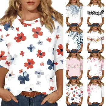 Женский топ с принтом и круглым вырезом, рукавом 3/4 S