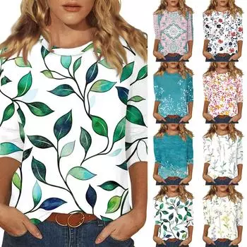 Женский топ с принтом и круглым вырезом, рукавом 3/4 XXXL красный