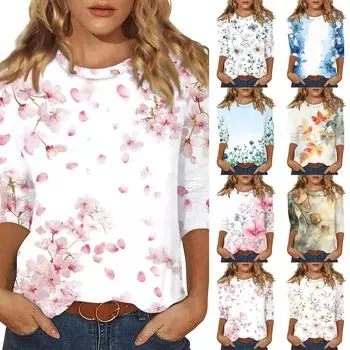 Женский топ с принтом и круглым вырезом, рукавом 3/4 S хаки