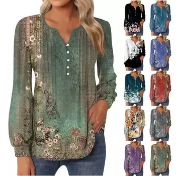 Женский топ с принтом, круглым вырезом, плиссированной футболкой на пуговицах с длинными рукавами L