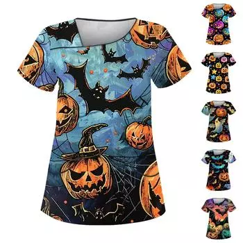 Женский топ с принтом на Хэллоуин, косым воротником и двумя карманами, топ Dry-nurse L чёрный