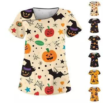 Женский топ с принтом на Хэллоуин, косым воротником и двумя карманами, топ Dry-nurse L бежевый