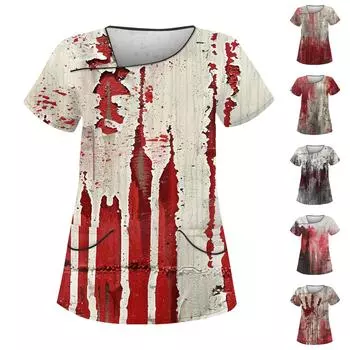 Женский топ с принтом на Хэллоуин, косым воротником и двумя карманами, топ Dry-nurse XL