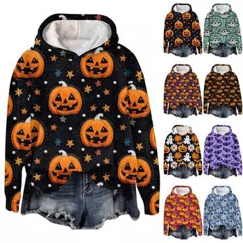 Женский топ с принтом на Хэллоуин Топ с принтом Осенний обычный топ Женский топ с принтом M синий