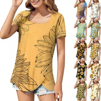 Женский топ с принтом, повседневная свободная рубашка с квадратным вырезом и пуговицами, серия с принтом подсолнечника L бежевый