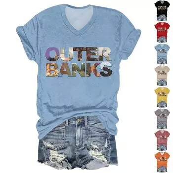 Женский топ с принтом, V-образным вырезом и короткими рукавами L бежевый