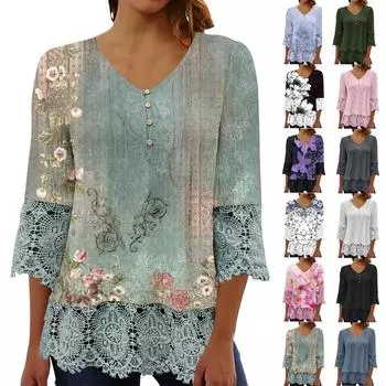 Женский топ с принтом, v-образным вырезом, короткими рукавами, плиссированной футболкой на пуговицах и кружевом, рукава 3/4 XXL