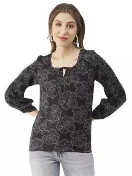 Женский топ с рукавами-фонариками и принтом Moomaya, повседневная летняя туника на завязках L чёрный