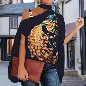 Женский топ с рукавами «летучая мышь» на одно плечо, черный, белый цвет, лоскутное платье с чернильным цветочным принтом, модная блузка, женская одежда XL синий