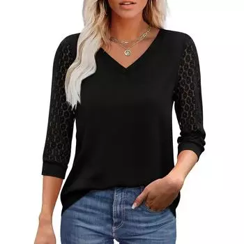 Женский топ с рукавом 3/4 и V-образным вырезом, однотонные кружевные повседневные блузки в стиле пэчворк XL чёрный