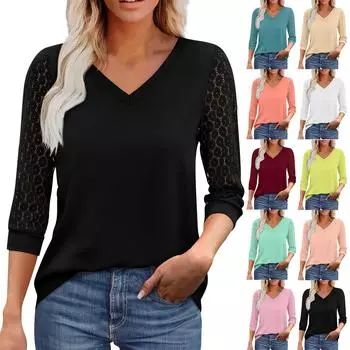 Женский топ с рукавом 3/4 и V-образным вырезом, однотонные кружевные повседневные блузки в стиле пэчворк L чёрный