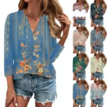 Женский топ с рукавом 3/4, классическая рубашка с принтом в стиле ретро, свободная повседневная футболка с v-образным вырезом L циан