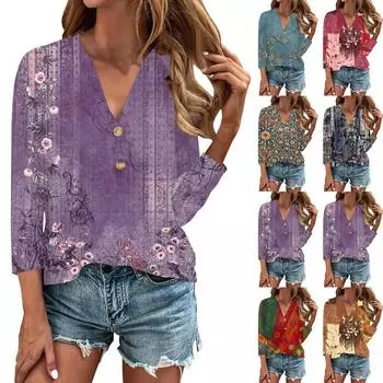 Женский топ с рукавом 3/4, классическая рубашка с принтом в стиле ретро, свободная повседневная футболка с v-образным вырезом XXL