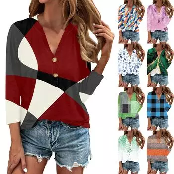 Женский топ с рукавом 3/4, полосатая рубашка с принтом листьев, свободная повседневная футболка с v-образным вырезом XXL