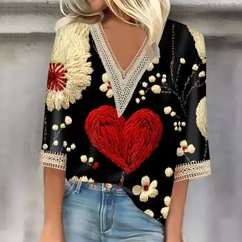 Женский топ с рукавом три четверти, кружевной, с 3D-принтом ко Дню святого Валентина L чёрный