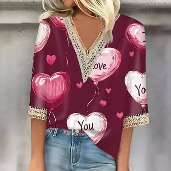 Женский топ с рукавом три четверти, кружевной, с 3D-принтом ко Дню святого Валентина L темно-фиолетового