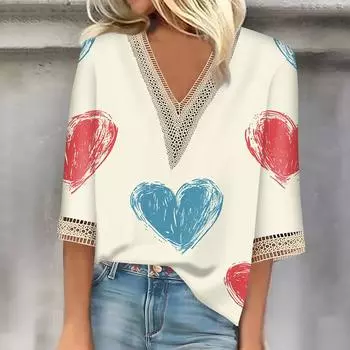 Женский топ с рукавом три четверти, кружевной, с 3D-принтом ко Дню святого Валентина L бежевый