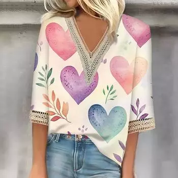 Женский топ с рукавом три четверти, кружевной, с 3D-принтом ко Дню святого Валентина L бежевый