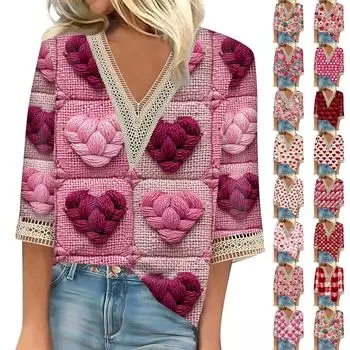 Женский топ с рукавом три четверти, кружевной, с 3D-принтом ко Дню святого Валентина L бежевый