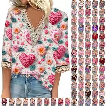 Женский топ с рукавом три четверти, кружевной, с 3D-принтом ко Дню святого Валентина L бежевый