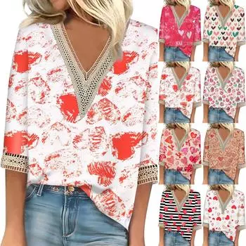 Женский топ с рукавом три четверти, кружевной, с принтом ко Дню святого Валентина, модный, базовый, с V-образным вырезом, обычный топ L горячий розовый