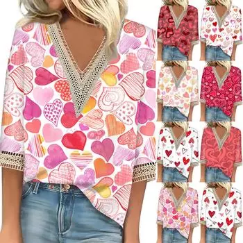 Женский топ с рукавом три четверти, кружевной, с принтом ко Дню святого Валентина, модный, базовый, с V-образным вырезом, обычный топ L горячий розовый