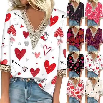 Женский топ с рукавом три четверти, кружевной, с принтом ко Дню святого Валентина, модный, базовый, с V-образным вырезом, обычный топ L горячий розовый