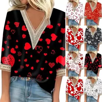 Женский топ с рукавом три четверти, кружевной, с принтом ко Дню святого Валентина, модный, базовый, с V-образным вырезом, обычный топ L горячий розовый