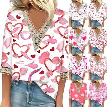 Женский топ с рукавом три четверти, кружевной, с принтом ко Дню святого Валентина, модный, базовый, с V-образным вырезом, обычный топ L горячий розовый
