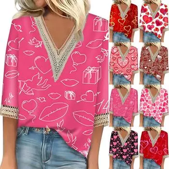 Женский топ с рукавом три четверти, кружевной, с принтом ко Дню святого Валентина, модный, базовый, с V-образным вырезом, обычный топ M винный