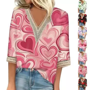 Женский топ с рукавом три четверти, кружевной, с 3D-принтом ко Дню святого Валентина L чёрный