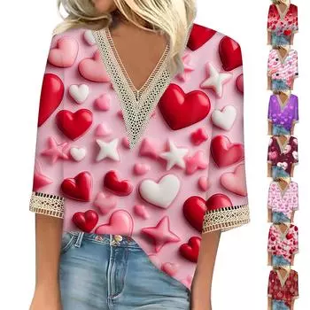 Женский топ с рукавом три четверти, кружевной, с 3D-принтом ко Дню святого Валентина XXL фиолетовый