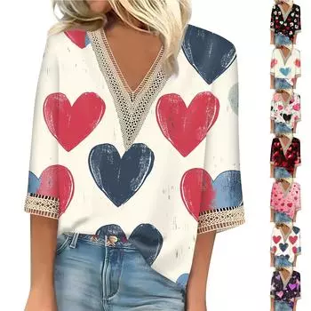 Женский топ с рукавом три четверти, кружевной, с 3D-принтом ко Дню святого Валентина M чёрный