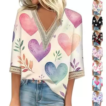 Женский топ с рукавом три четверти, кружевной, с 3D-принтом ко Дню святого Валентина XL