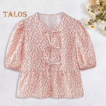 Женский топ с рюшами на подоле и круглым вырезом, пышная рубашка с короткими рукавами и полосатым принтом, плиссированная блузка с галстуком-бабочкой спереди, уличная одежда S фиолетовый