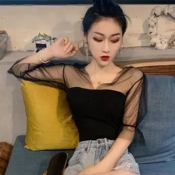 Женский топ с сеткой, перспективный рукав-фонарик, круглый воротник, нижняя часть рубашки, кружевные топы One Size