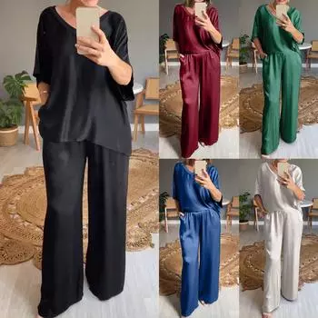 Женский топ с v-образным вырезом, длинные брюки, повседневный свободный наряд, летний домашний костюм