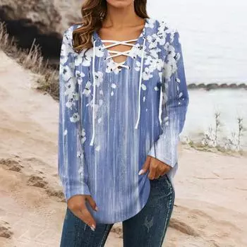 Женский топ с V-образным вырезом, длинными рукавами и принтом циан