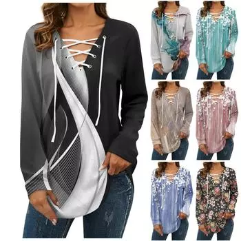 Женский топ с V-образным вырезом, длинными рукавами и принтом розовый