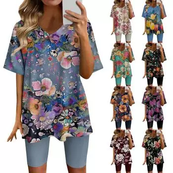 Женский топ с v-образным вырезом и короткими рукавами с градиентным принтом и шорты с принтом, комплект из двух предметов L чёрный