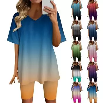 Женский топ с v-образным вырезом и короткими рукавами с градиентным принтом и шорты с принтом, комплект из двух предметов L синий