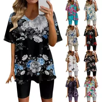 Женский топ с v-образным вырезом и короткими рукавами с градиентным принтом и шорты с принтом, комплект из двух предметов L чёрный