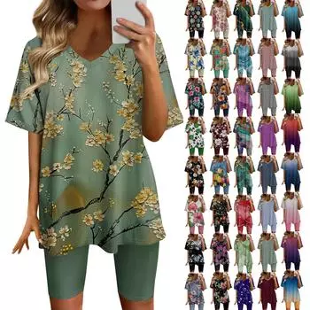 Женский топ с v-образным вырезом и короткими рукавами с градиентным принтом и шорты с принтом, комплект из двух предметов L армия зеленый